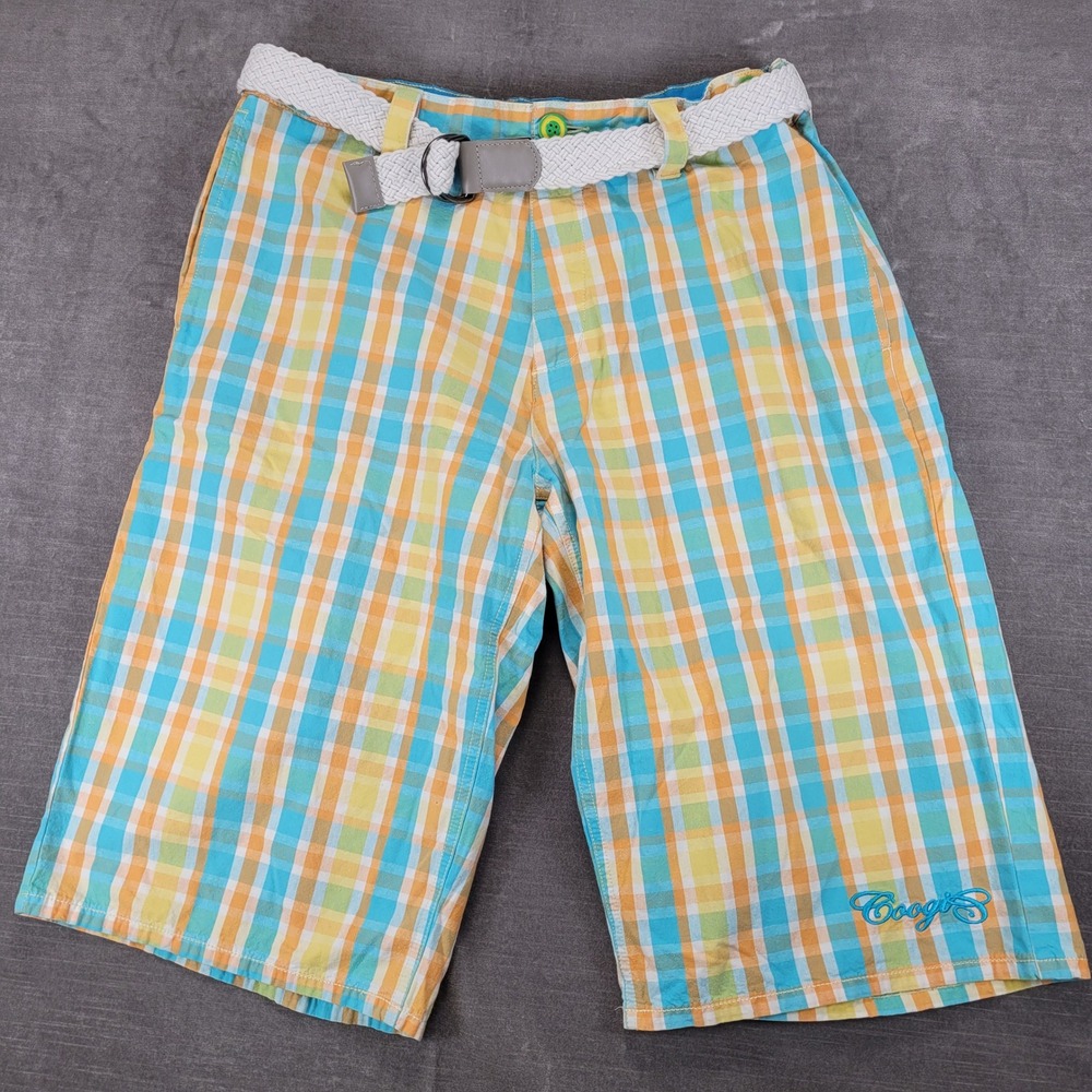Coogi Mens Plaid Shorts Size 36 Blue Orange Yellow Checkered Belted Streetwear
